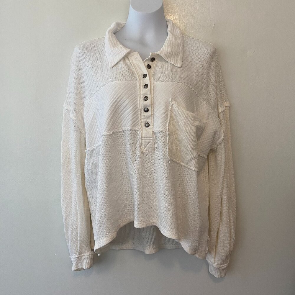 We the Free People White Waffle Knit Long Sleeve Popover Shirt Women XS Oversize